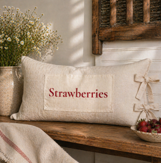 Strawberries Linen Tie Pillow w/green & white stripe insert
