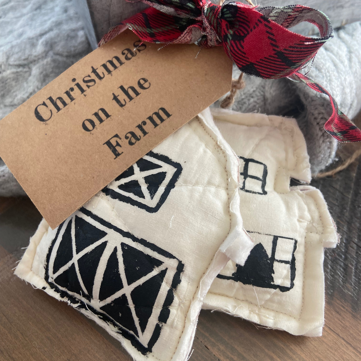 “Christmas on the Farm” Set of 2 Quilted Ornaments-Farmhouse & Barn