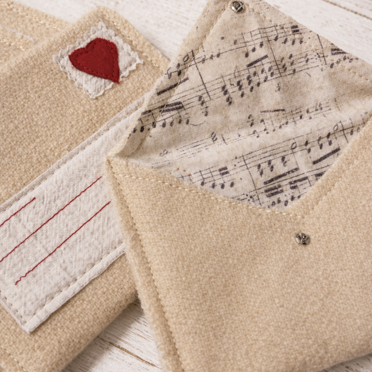 Vintage Wool Fabric Envelopes w/ vintage sheet music print set of 2