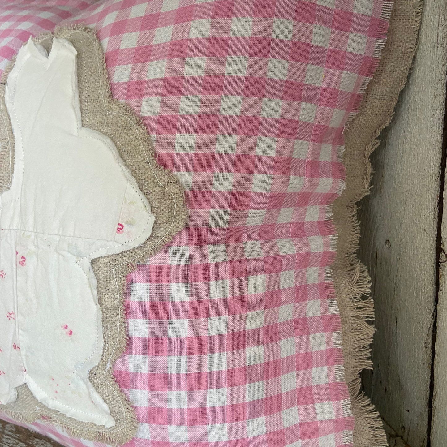 Farmhouse Quilted Bunny & Gingham Spring Pillow-14” x14”