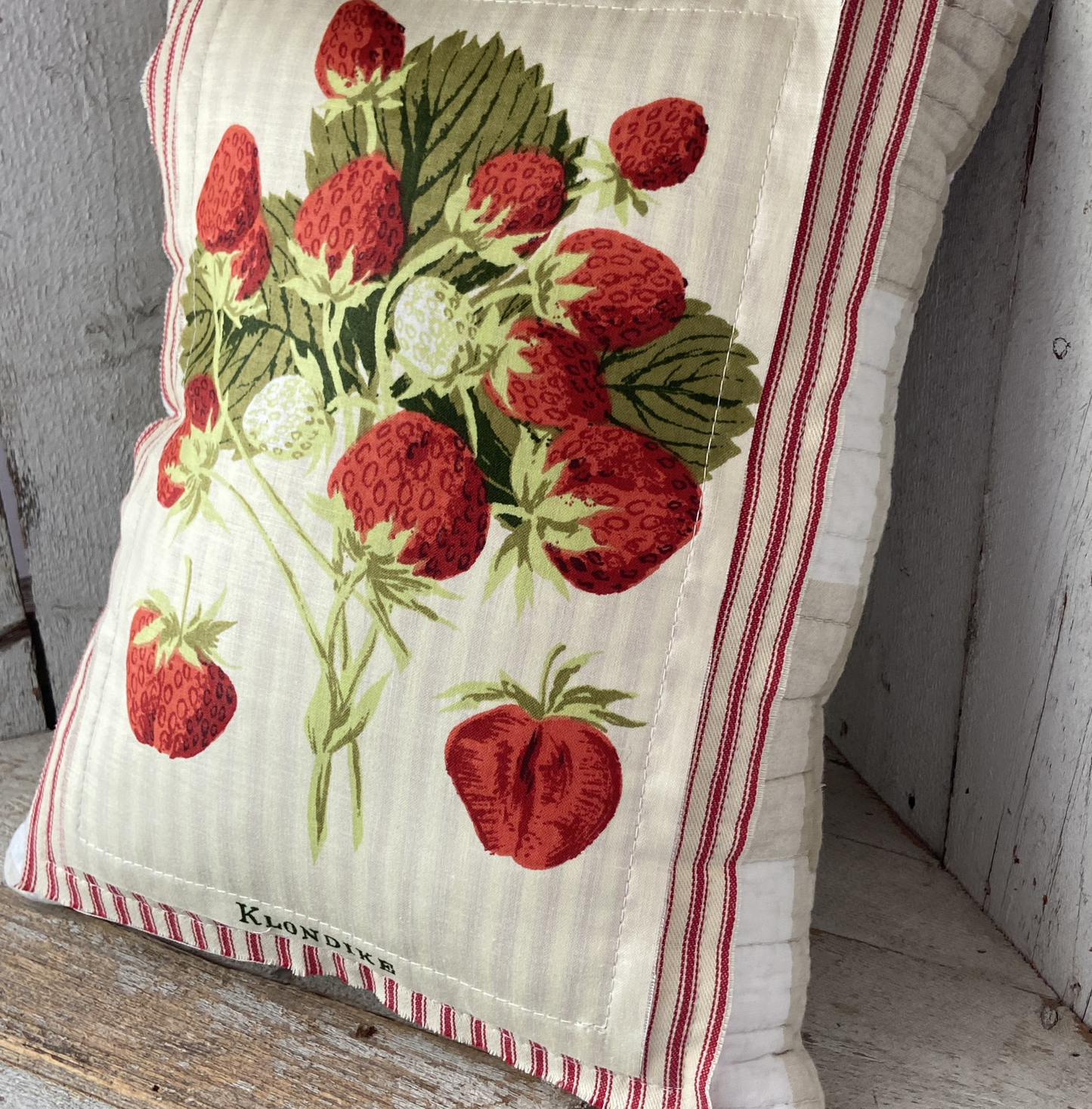 Vintage Strawberry Seed Packet Pillow –Klondike”– Handmade Farmhouse
