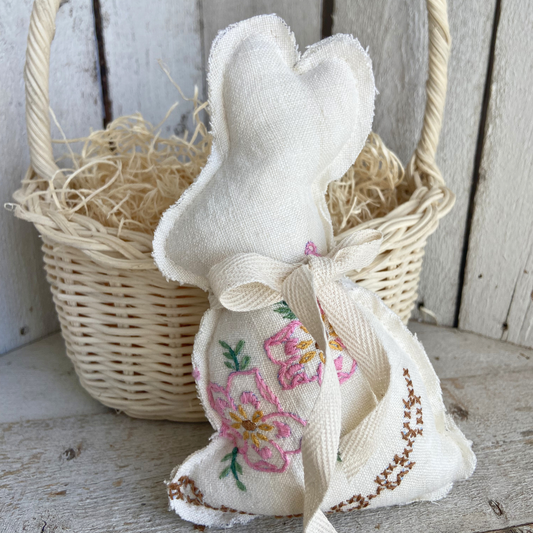 Vintage Linen Embroidered Bunny – Farmhouse Easter Decor (Set of 2)