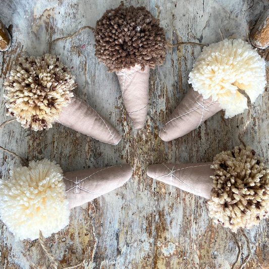Quilted Ice Cream Cones & Neutral Pom Pom Ice Cream Scoops-chocolate, vanilla & cookie dough