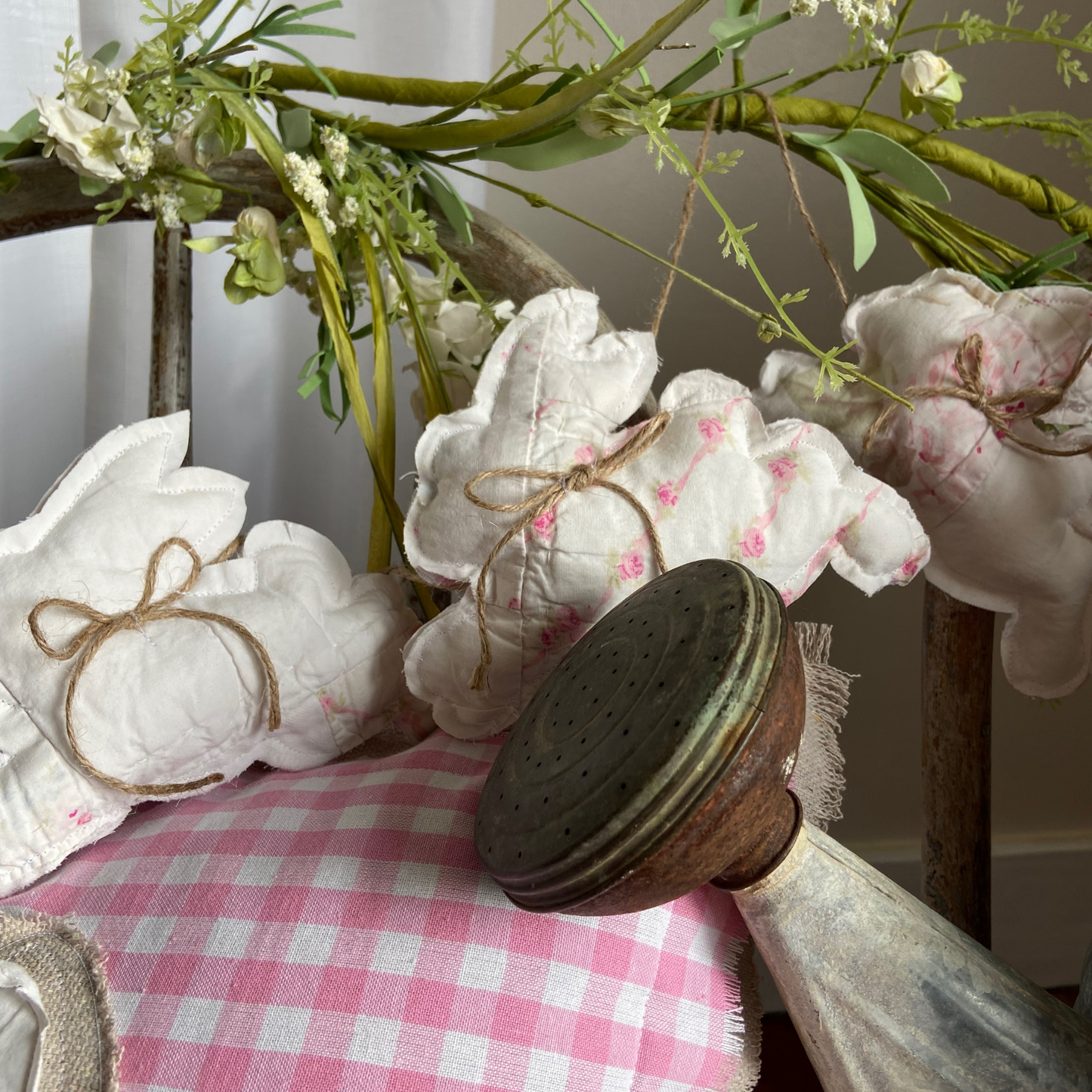 Vintage Quilt Bunny Garland-4 ft Pink Floral OR Solid White Bunnies