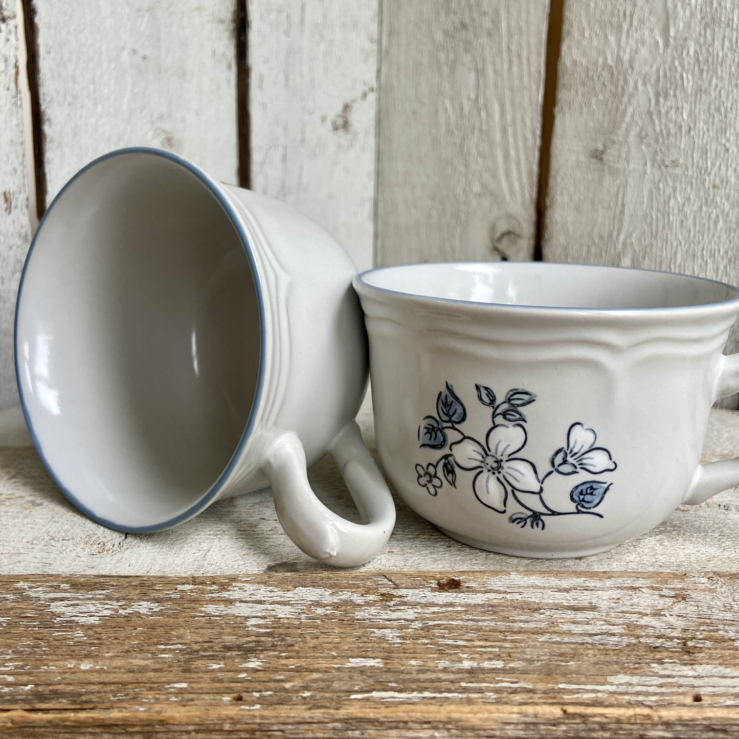 Vintage Covington Blue Floral Stoneware Cups – Set of 2