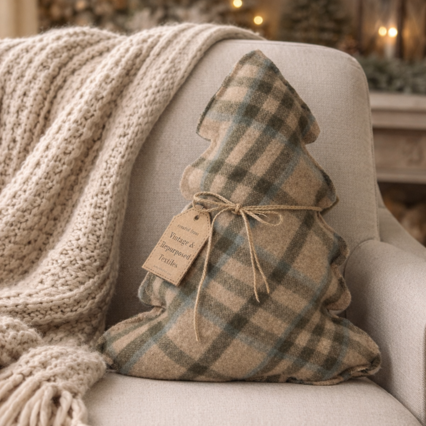 Vintage Wool Woodland Tree Pillow – Winter Farmhouse Décor