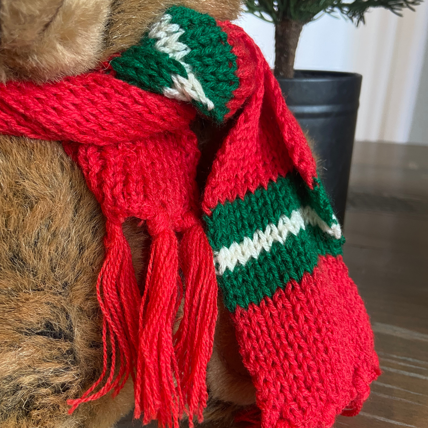 Vintage Christmas Brown Bear with Red and Green Knitted Hat & Scarf