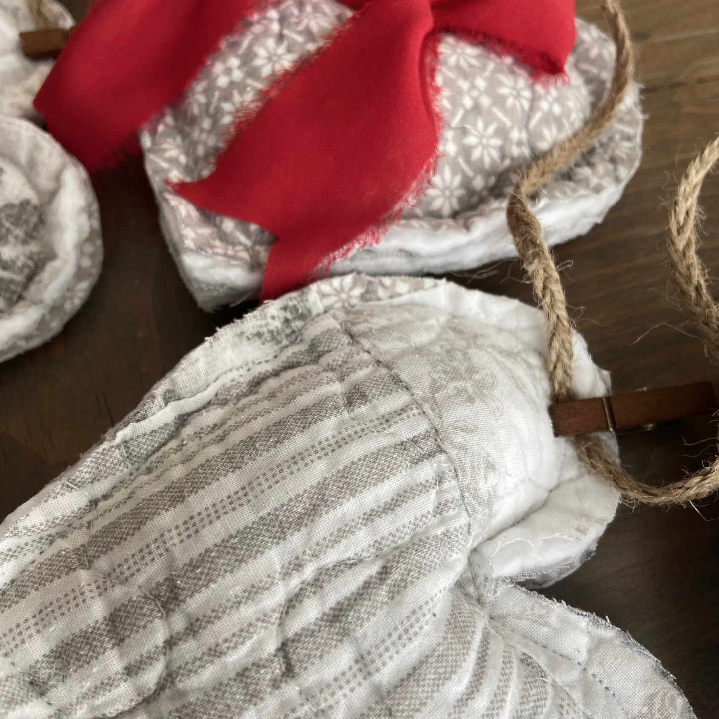 Gray & White Quilted Patchwork Heart Garland with Red Frayed Satin Bows-4 ft