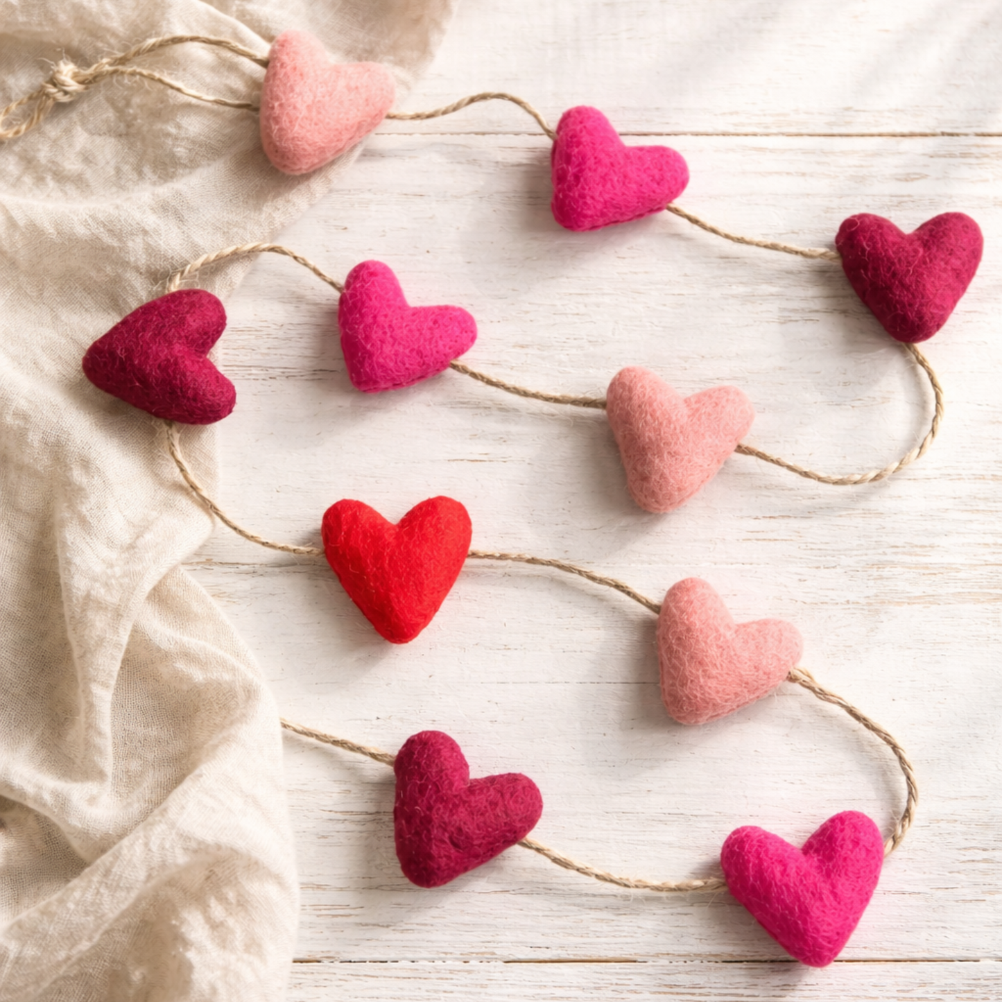 Shades of Pink Felted Wool Heart Garland-4 ft. Farmhouse Valentine Decor