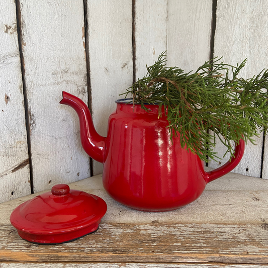 Vintage Red Metal Tea Pot w/Lid