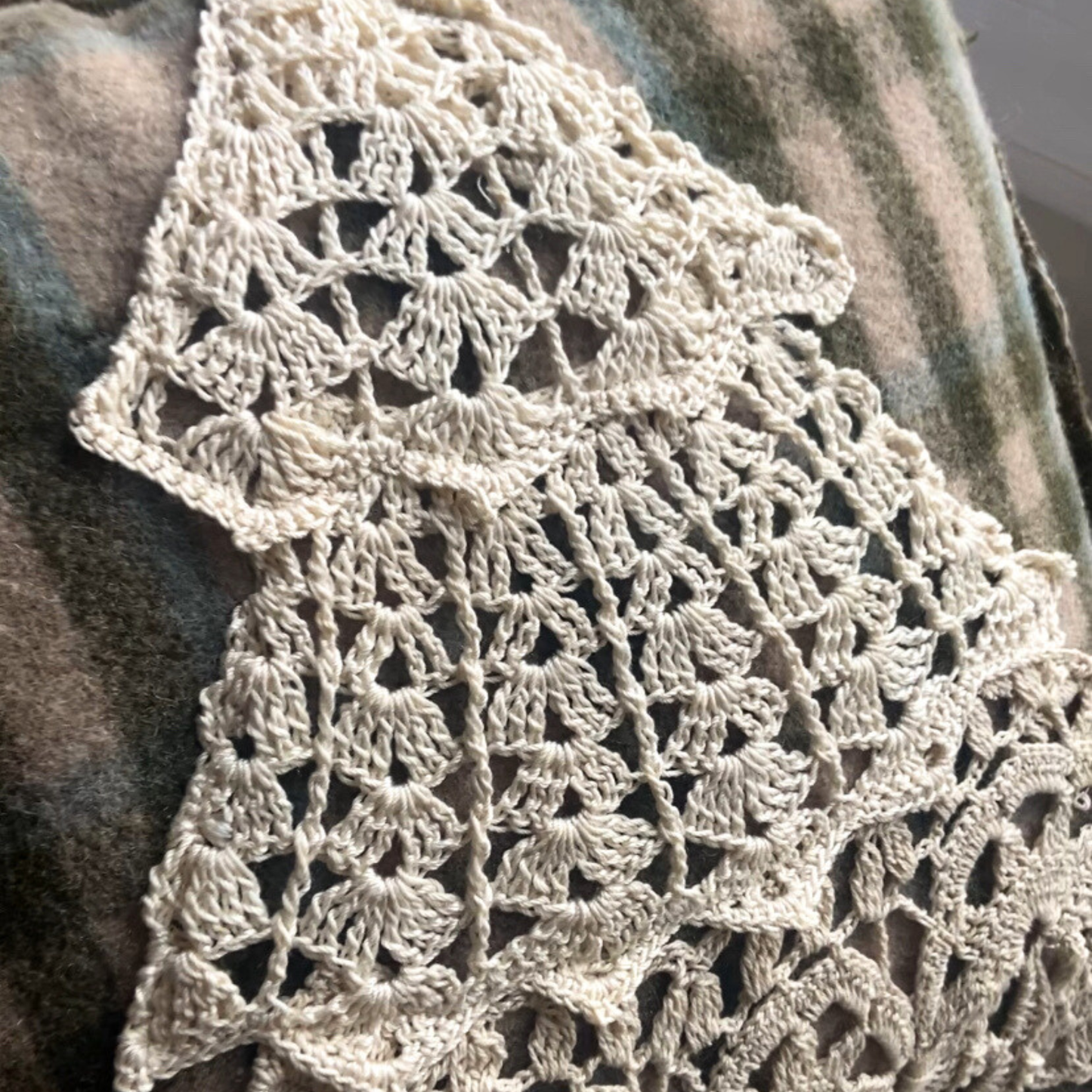 Crocheted Christmas Tree on Vintage Plaid-14” x 14”