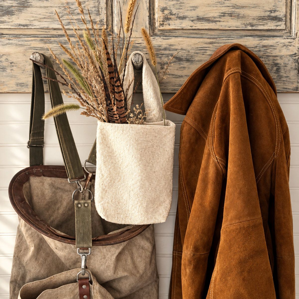 Feed Sack Hanging Bag w/ pheasant feathers & dried grasses