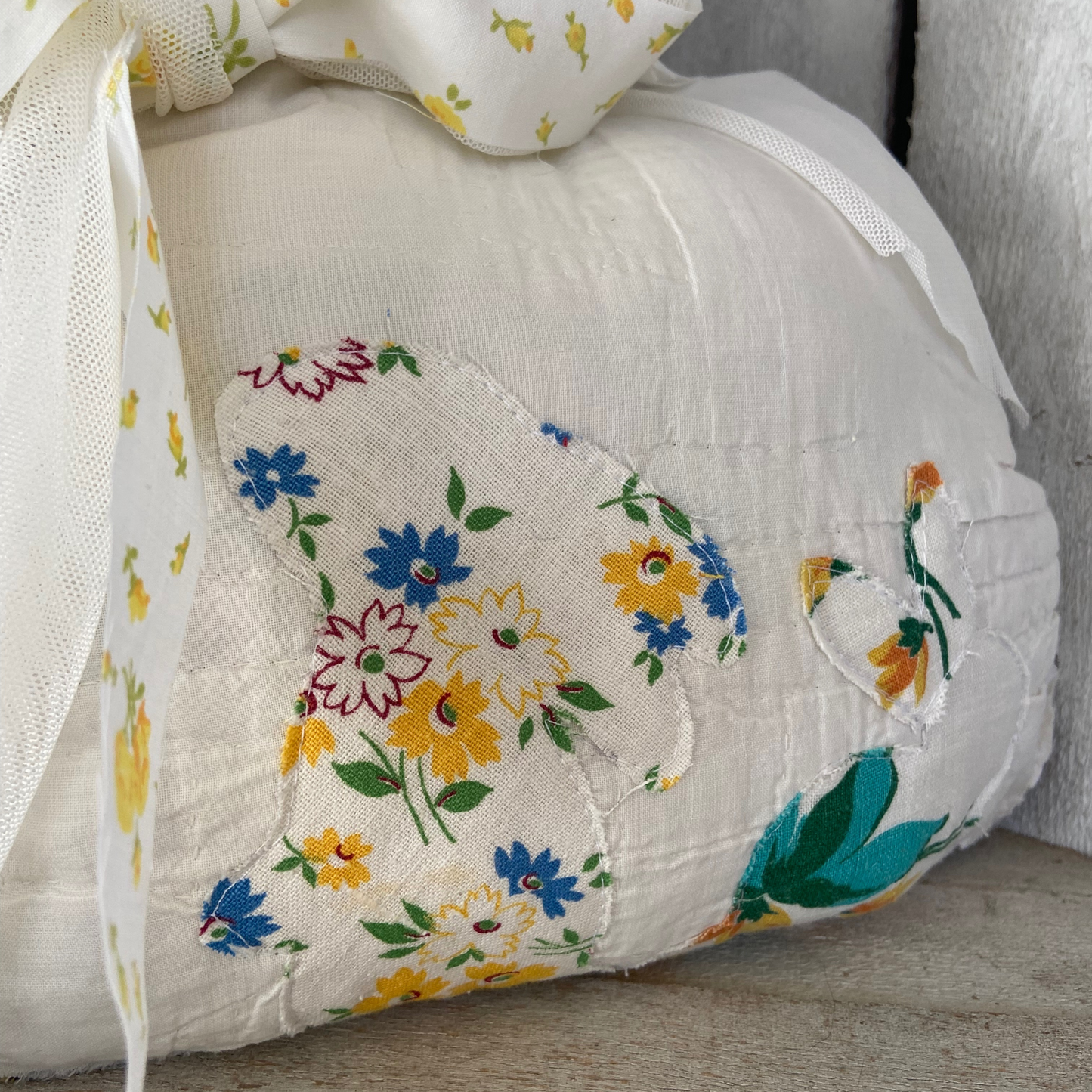 Large Vintage Quilted Rabbit w/Flour Sac Fabric Embellished Baby Bunnies