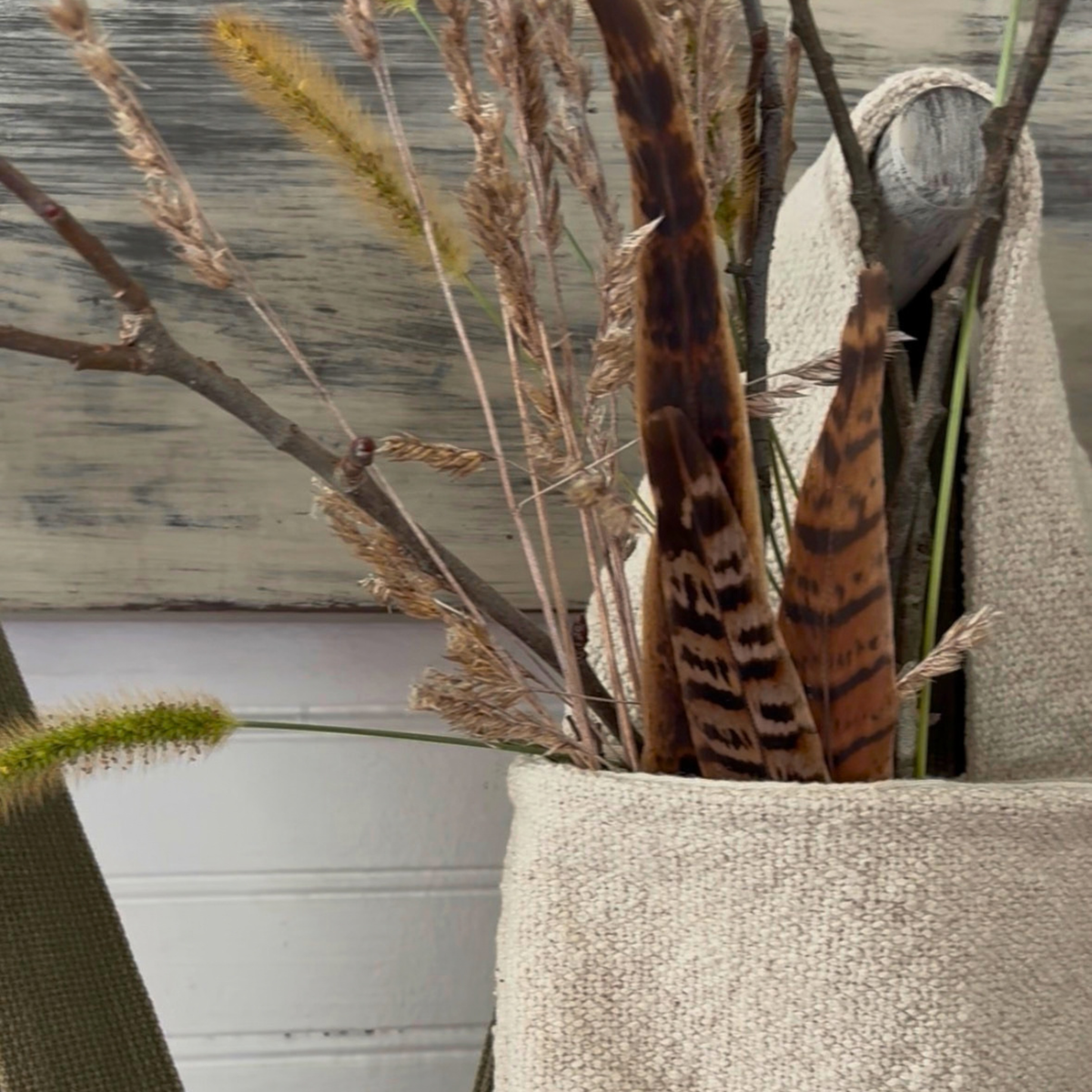 Feed Sack Hanging Bag w/ pheasant feathers & dried grasses