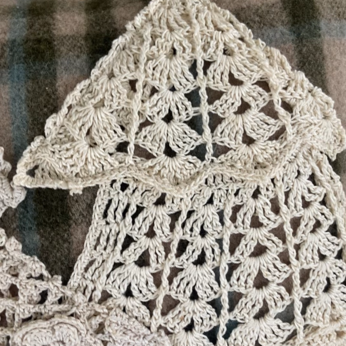 Large Vintage Wool Plaid Pillow w/ Vintage Crocheted Trees