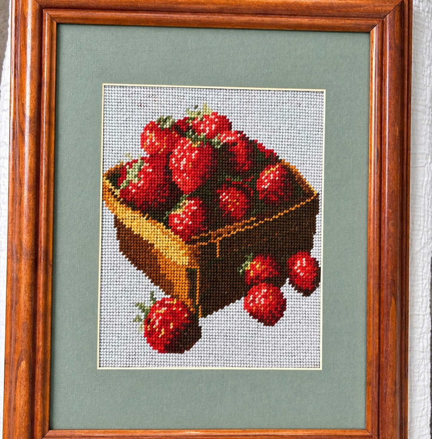 Framed Vintage Strawberry Needlepoint – Farmhouse Summer Wall Art