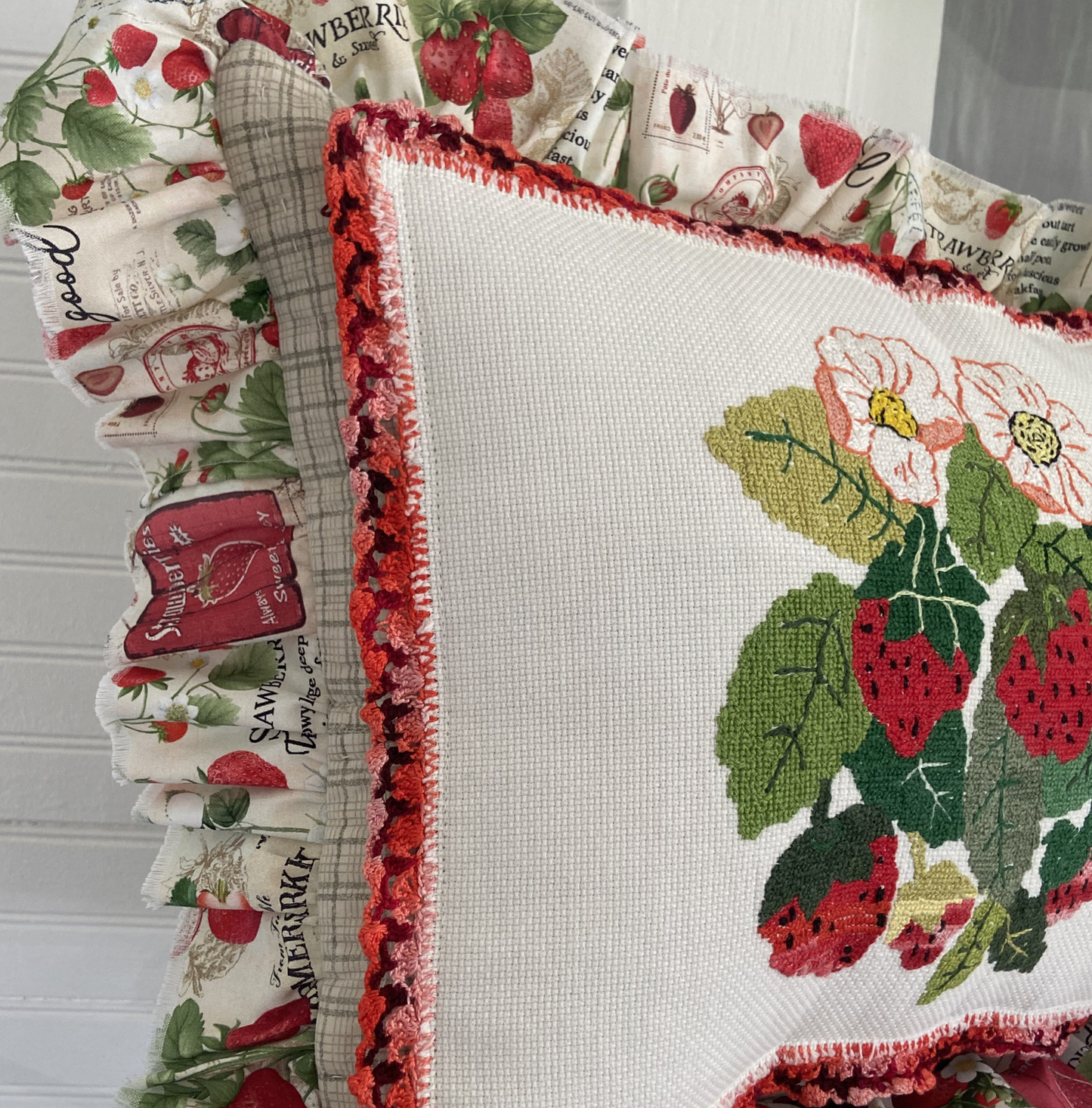 Vintage Strawberry Tapestry Pillow-One of a Kind Farmhouse Textile