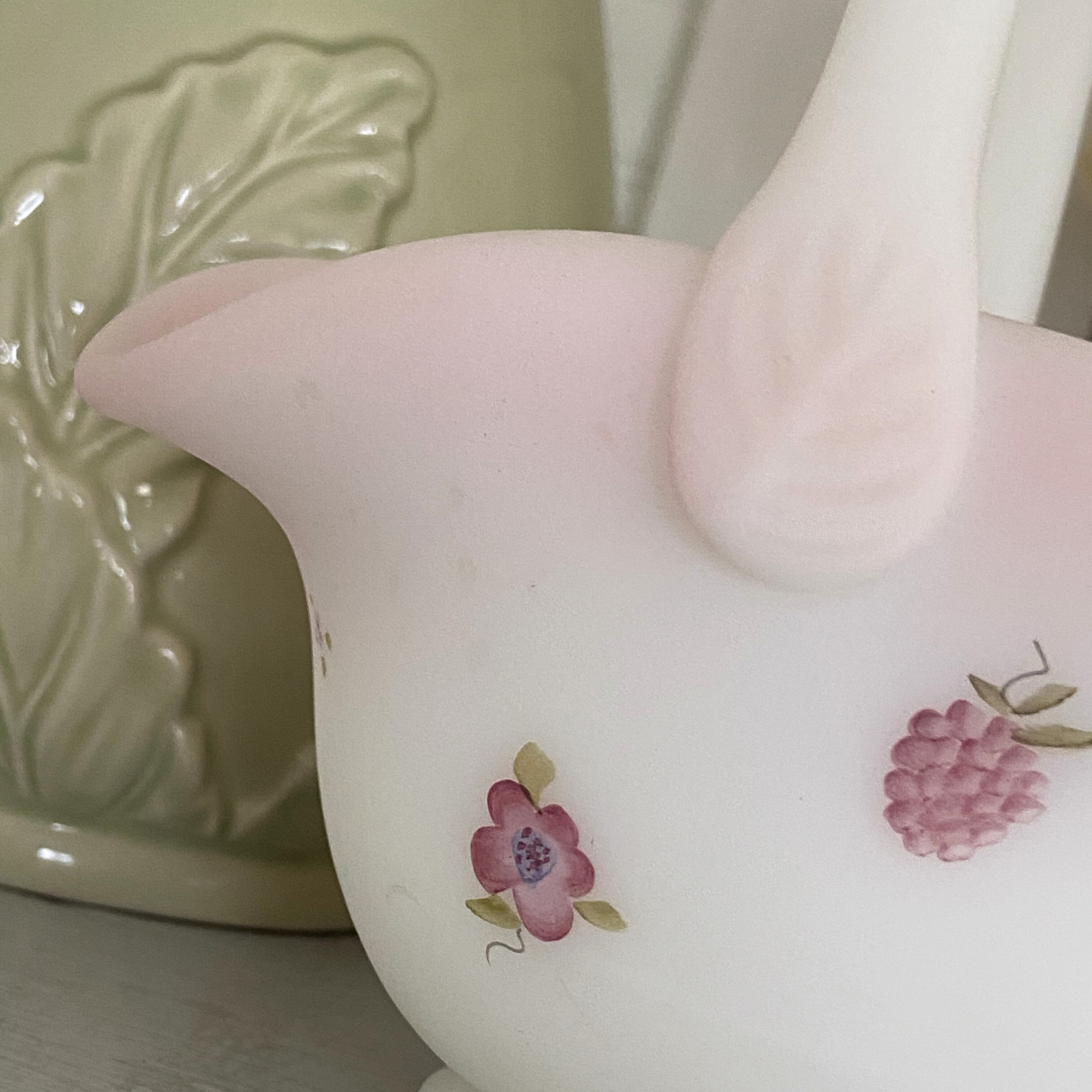 Fenton Satin Glass “Berries & Blooms” Basket – Hand Painted Pink Floral Milk Glass