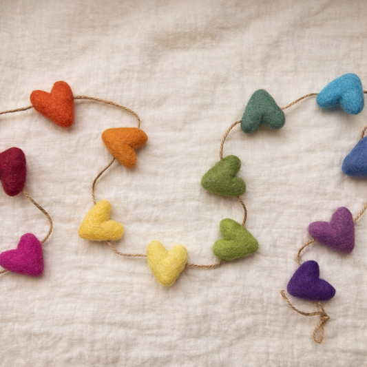 Rainbow Felted Wool Heart Garland 4ft