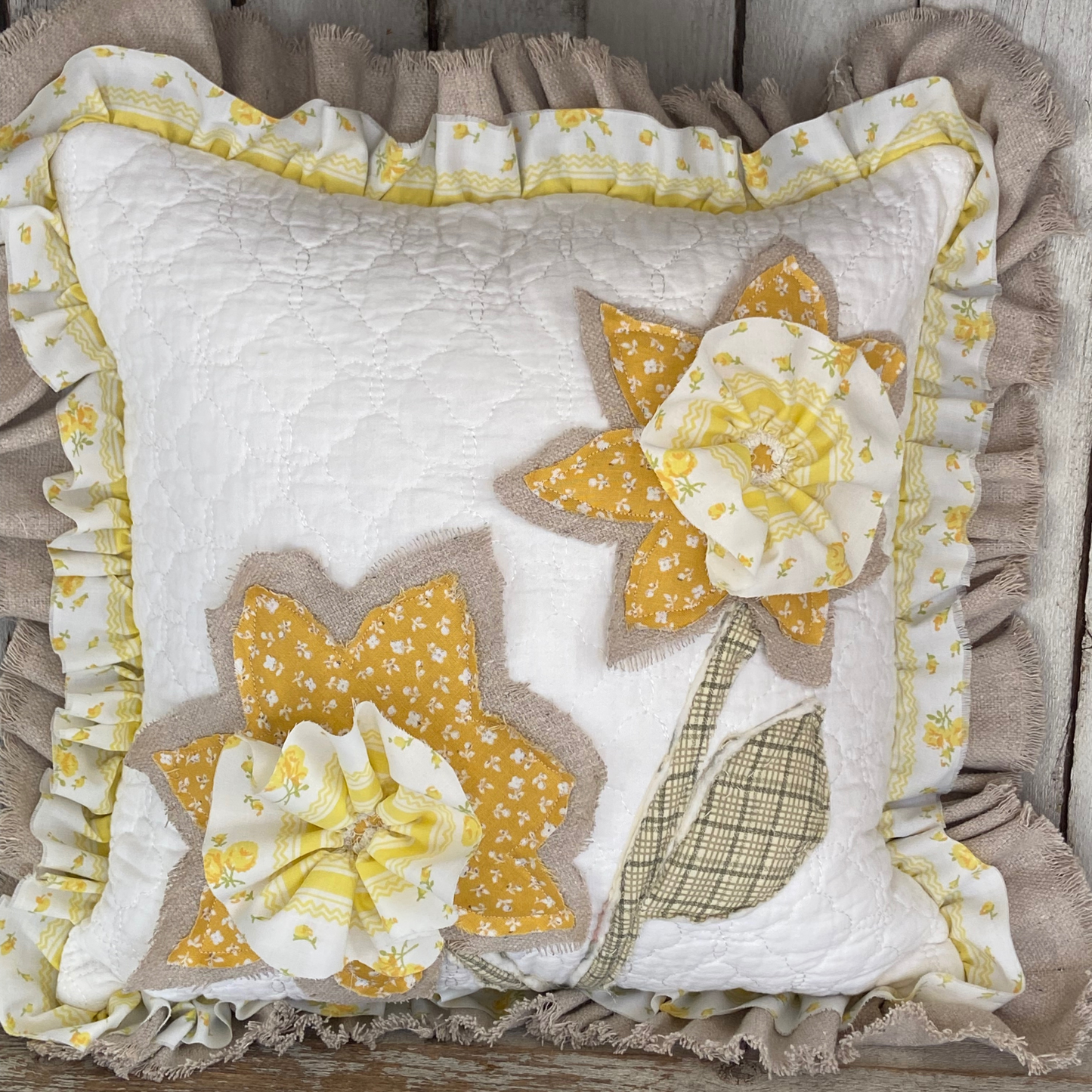 Hello Spring Daffodil Quilted Throw Pillow-14” x 14”
