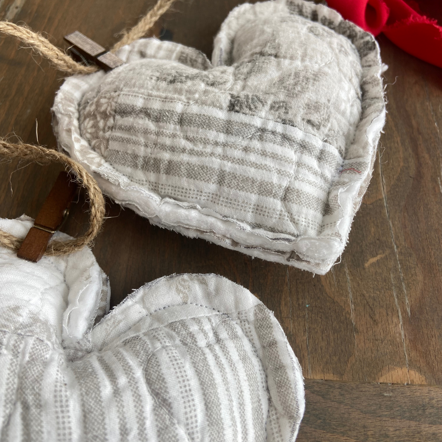 Gray & White Quilted Patchwork Heart Garland with Red Frayed Satin Bows-4 ft