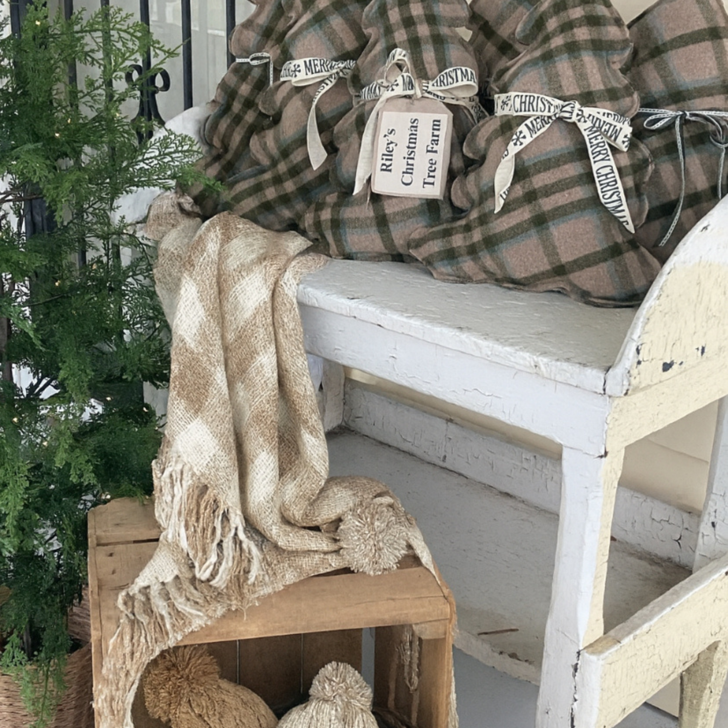 Vintage Plaid Christmas Tree Farm Pillows w/ custom tag