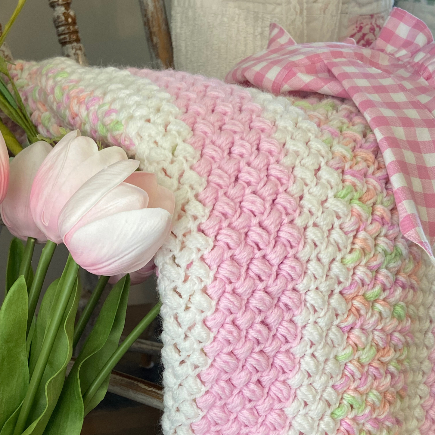 Vintage Spring Crocheted Baby Blanket in Pastels-handmade