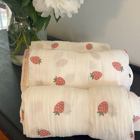 Strawberry Print Muslin Baby Swaddle Blanket