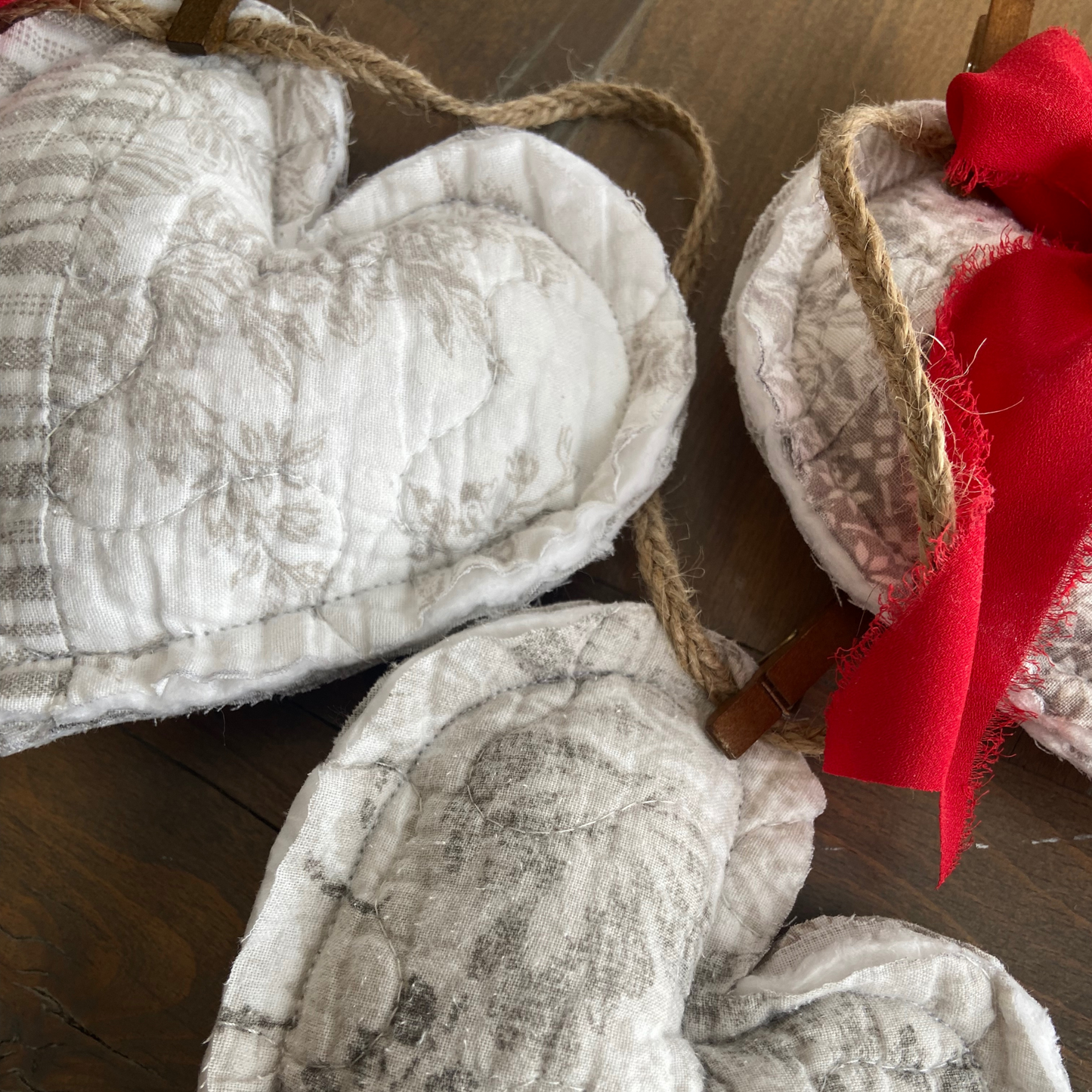 Gray & White Quilted Patchwork Heart Garland with Red Frayed Satin Bows-4 ft