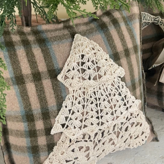 Crocheted Christmas Tree on Vintage Plaid-14” x 14”