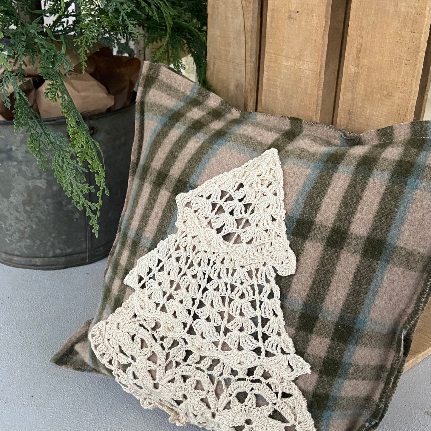Crocheted Christmas Tree on Vintage Plaid-14” x 14”