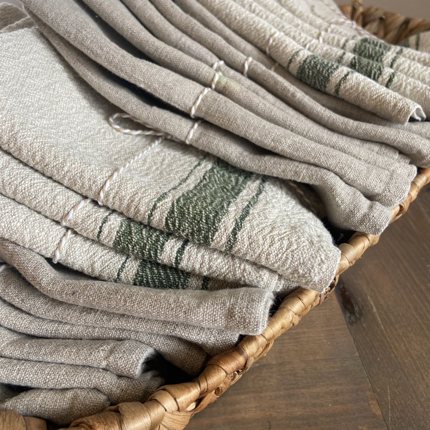 Green Striped European Washed Linen Kitchen Towel
