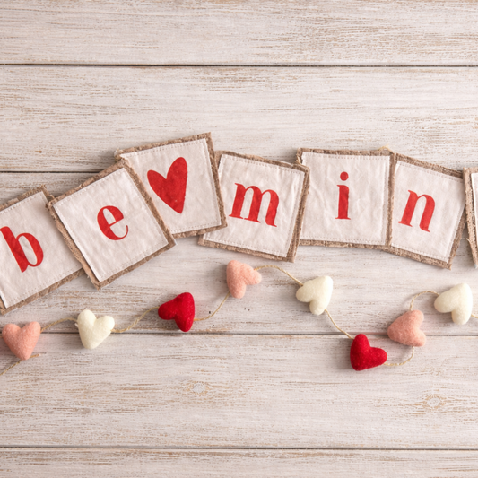 Valentine Banner “Be Mine” from vintage fabric and hand painted-4 foot