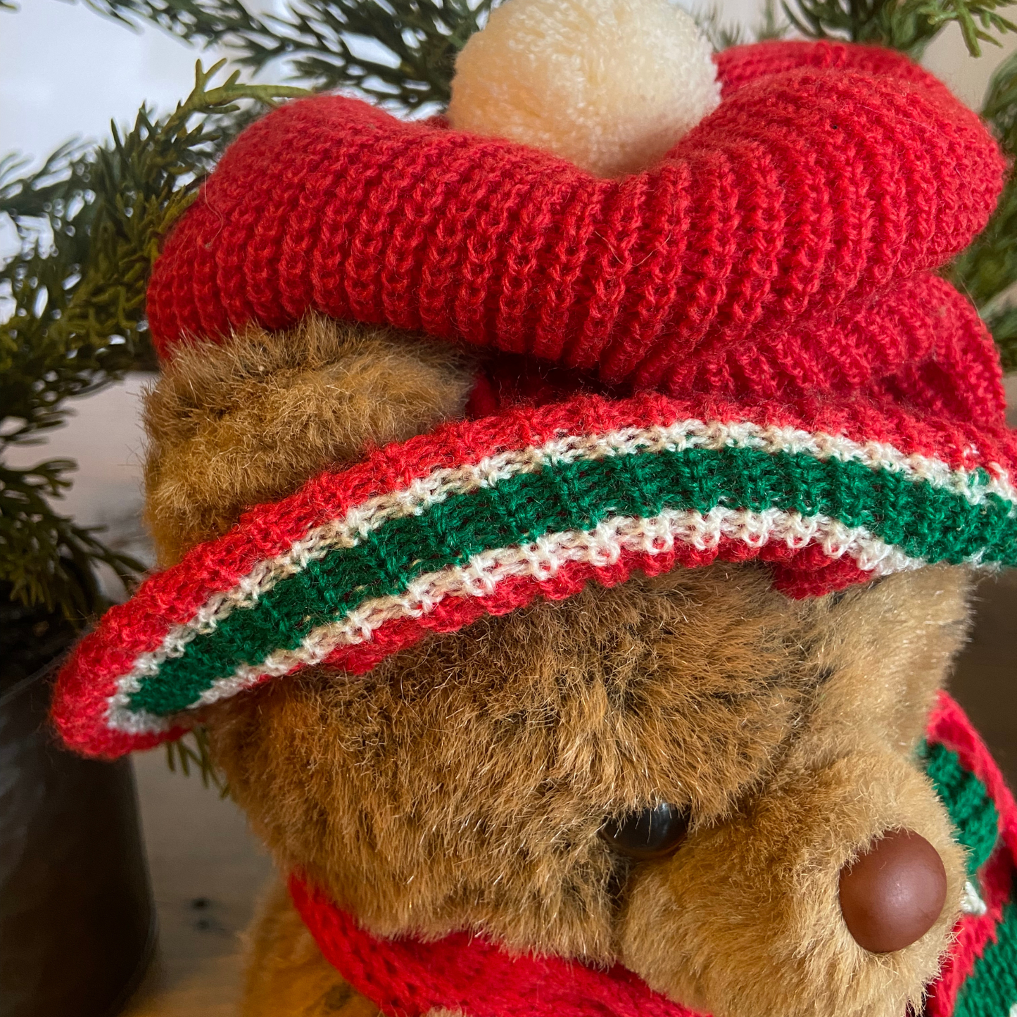 Vintage Christmas Brown Bear with Red and Green Knitted Hat & Scarf