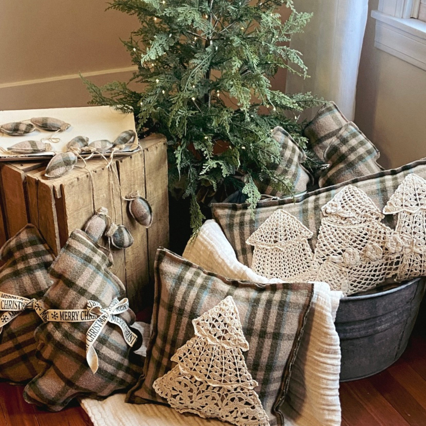 Large Vintage Wool Plaid Pillow w/ Vintage Crocheted Trees