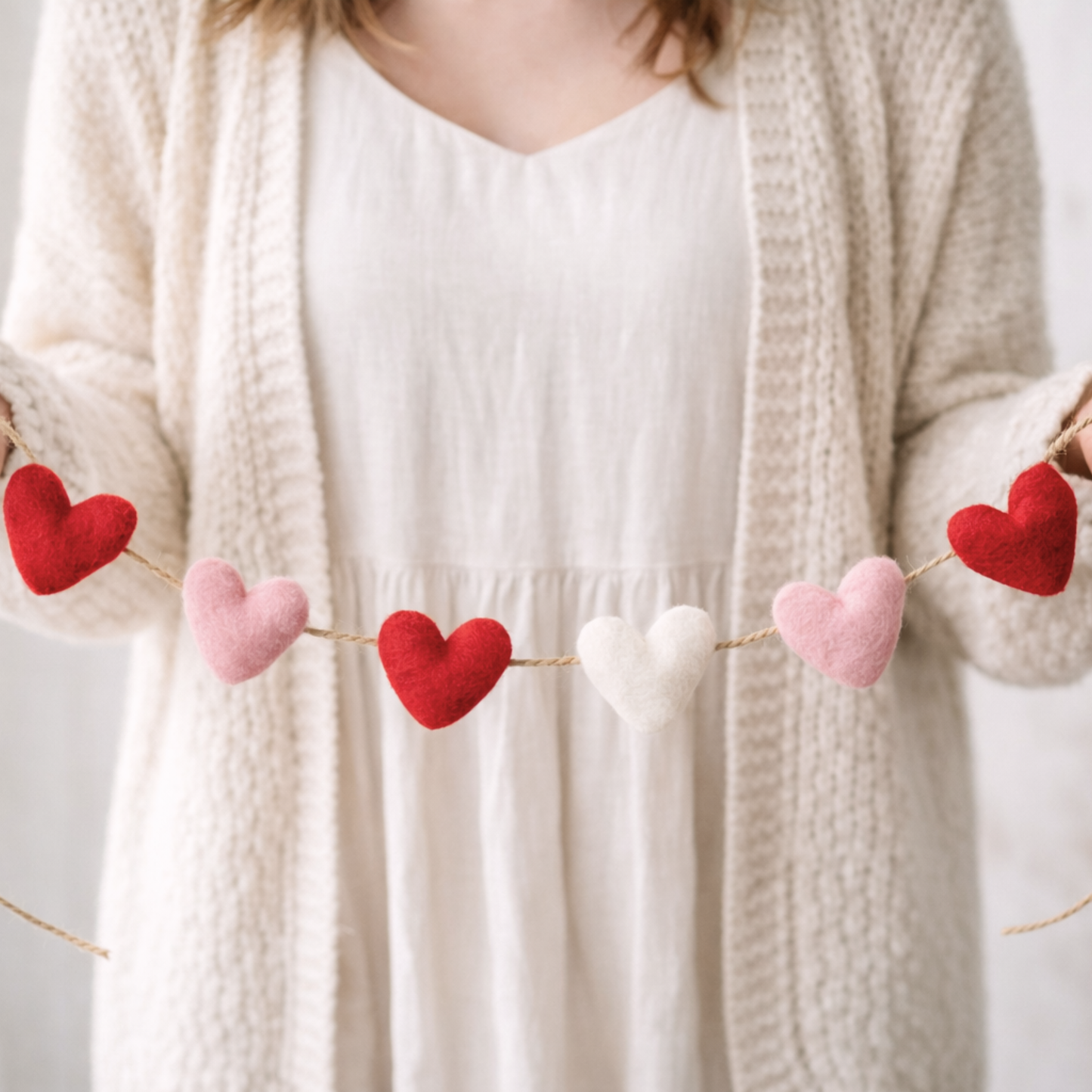 Felted Wool Hearts Garland-Red, Pink, White 4-foot Valentine Decor