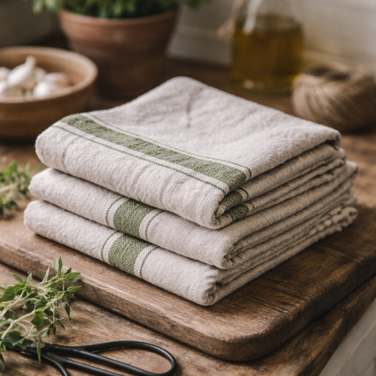 Green Striped European Washed Linen Kitchen Towel