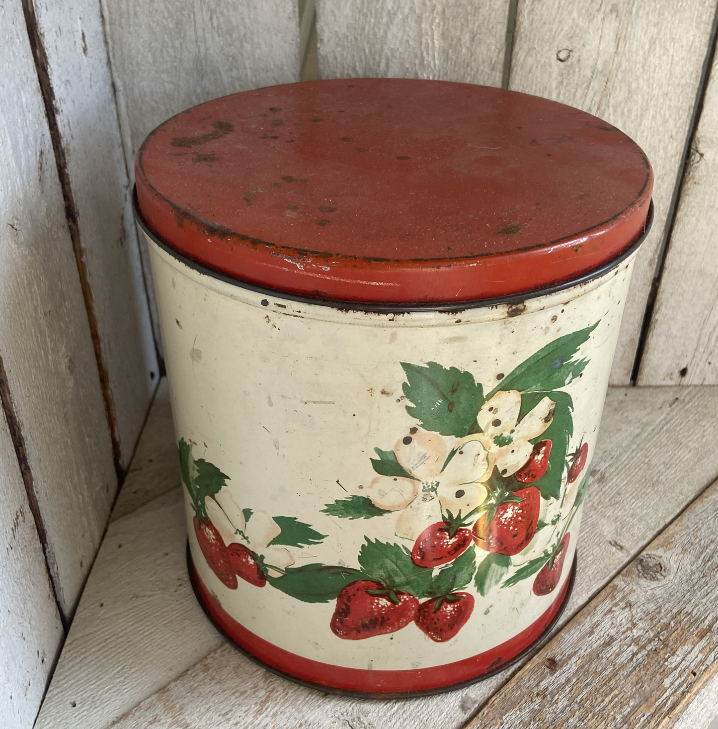 Vintage Strawberry Tin Canister – Farmhouse Kitchen Storage with Strawberries