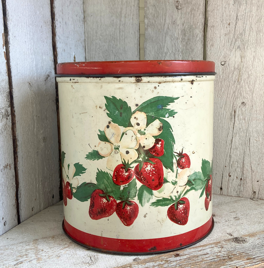 Vintage Strawberry Tin Canister – Farmhouse Kitchen Storage with Strawberries