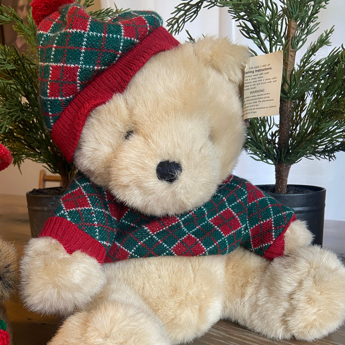 Cream Vintage Christmas Bear w/Argyle Hat and Sweater