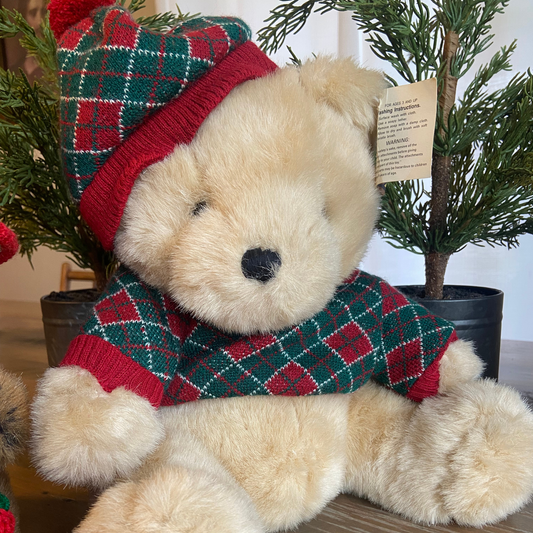 Cream Vintage Christmas Bear w/Argyle Hat and Sweater