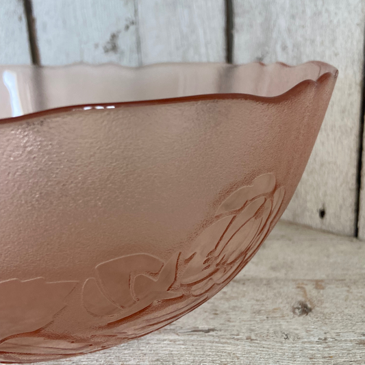 Pink Vintage Glass Serving Bowl with Flowers