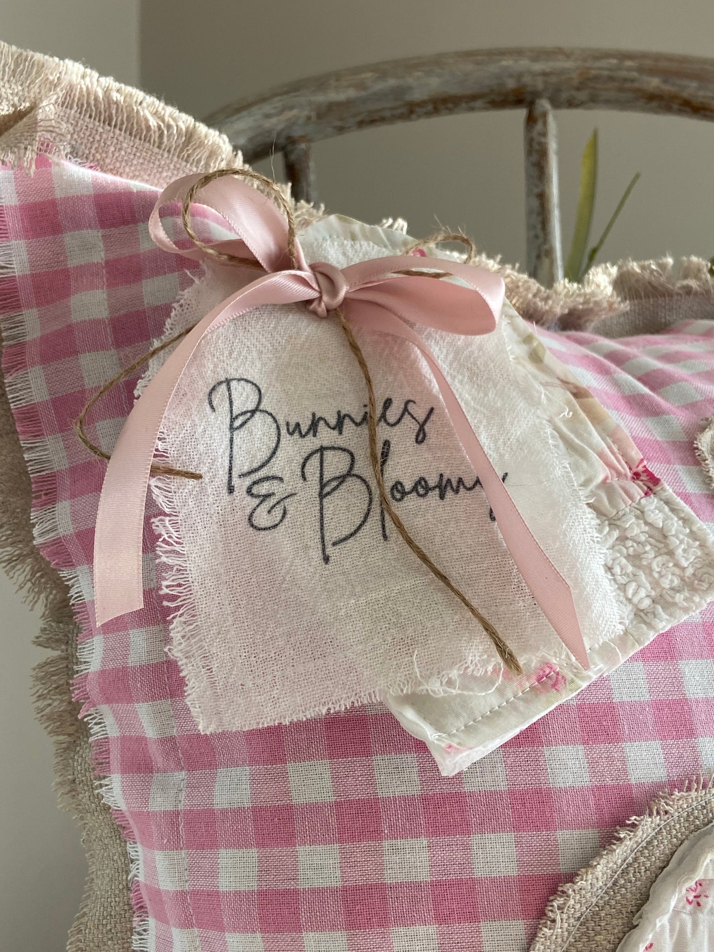 Farmhouse Quilted Bunny & Gingham Spring Pillow-14” x14”