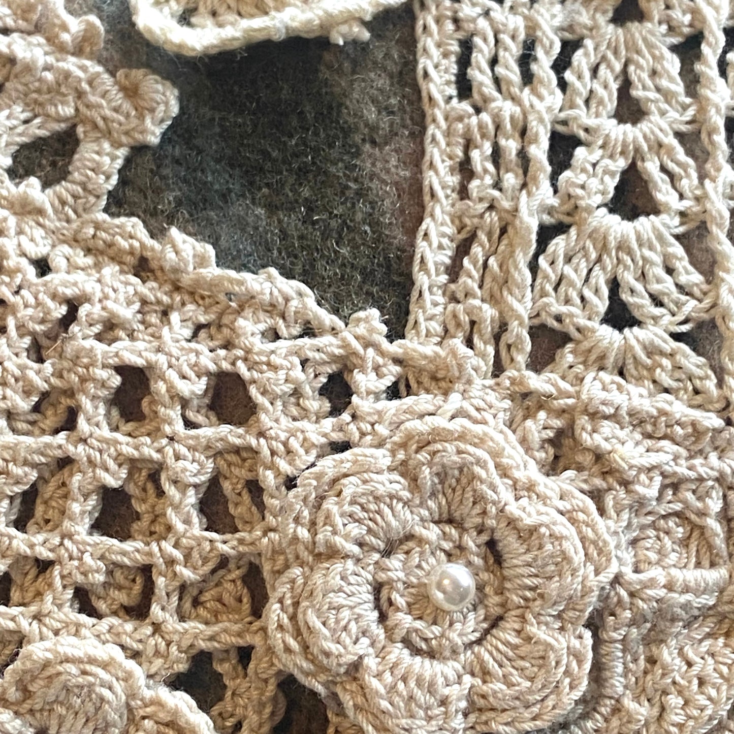 Large Vintage Wool Plaid Pillow w/ Vintage Crocheted Trees