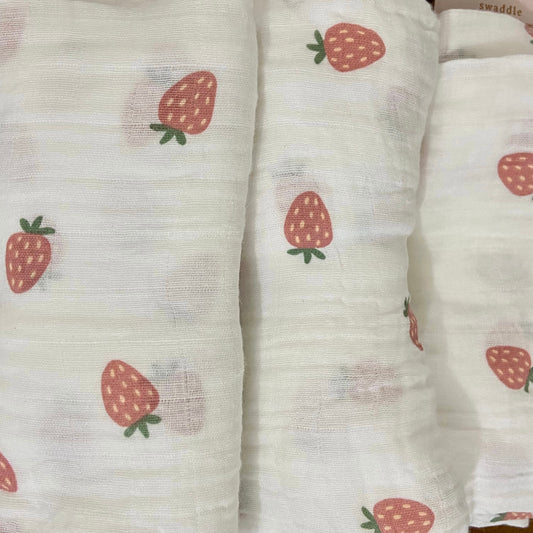 Strawberry Print Muslin Baby Swaddle Blanket