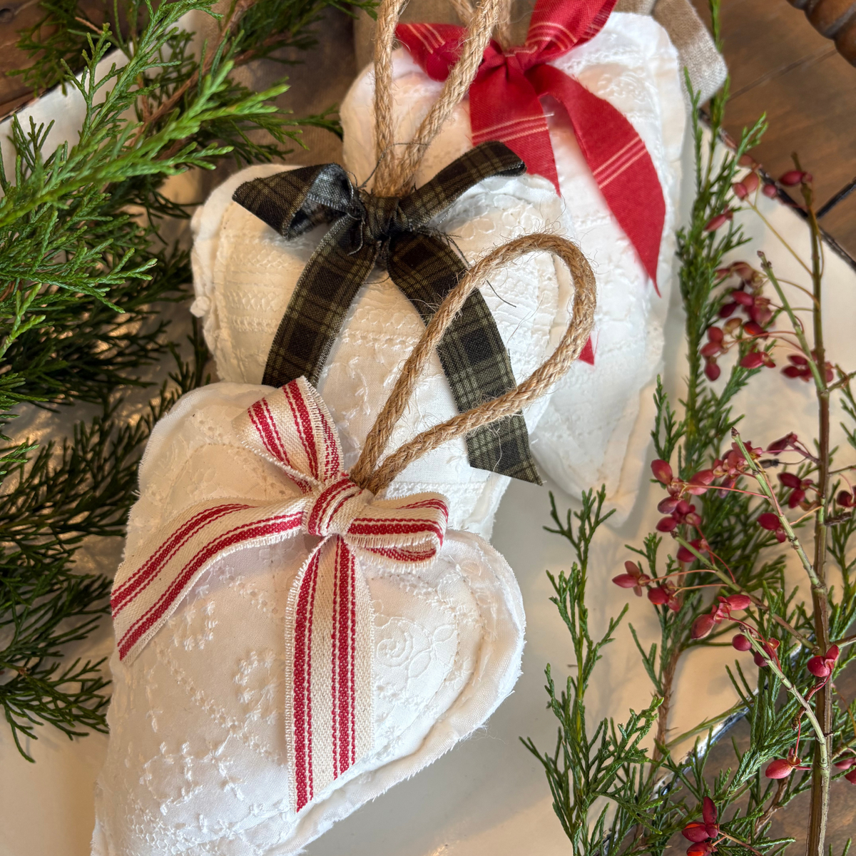Heirloom Quilted Heart Christmas Ornaments | Set of 3