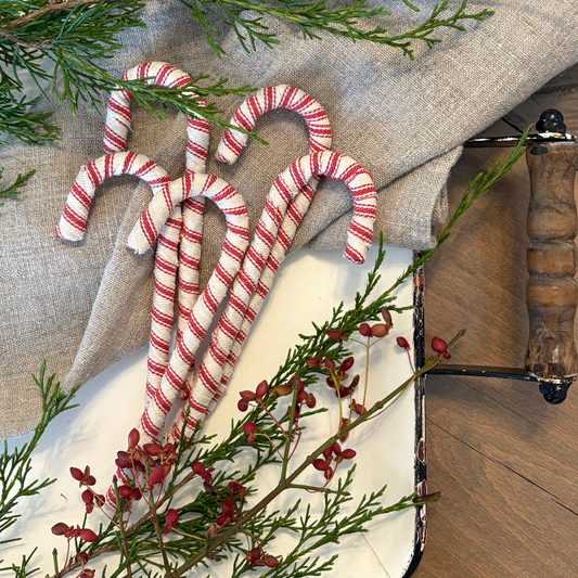 Fabric Wrapped Candy Canes in Red Striped Ticking
