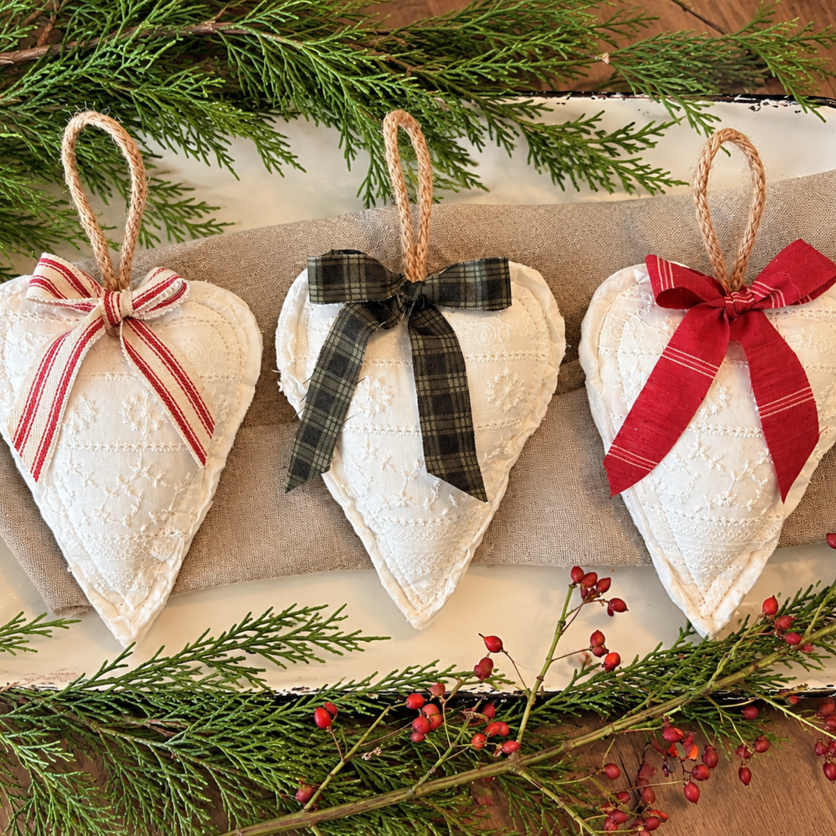 Heirloom Quilted Heart Christmas Ornaments | Set of 3