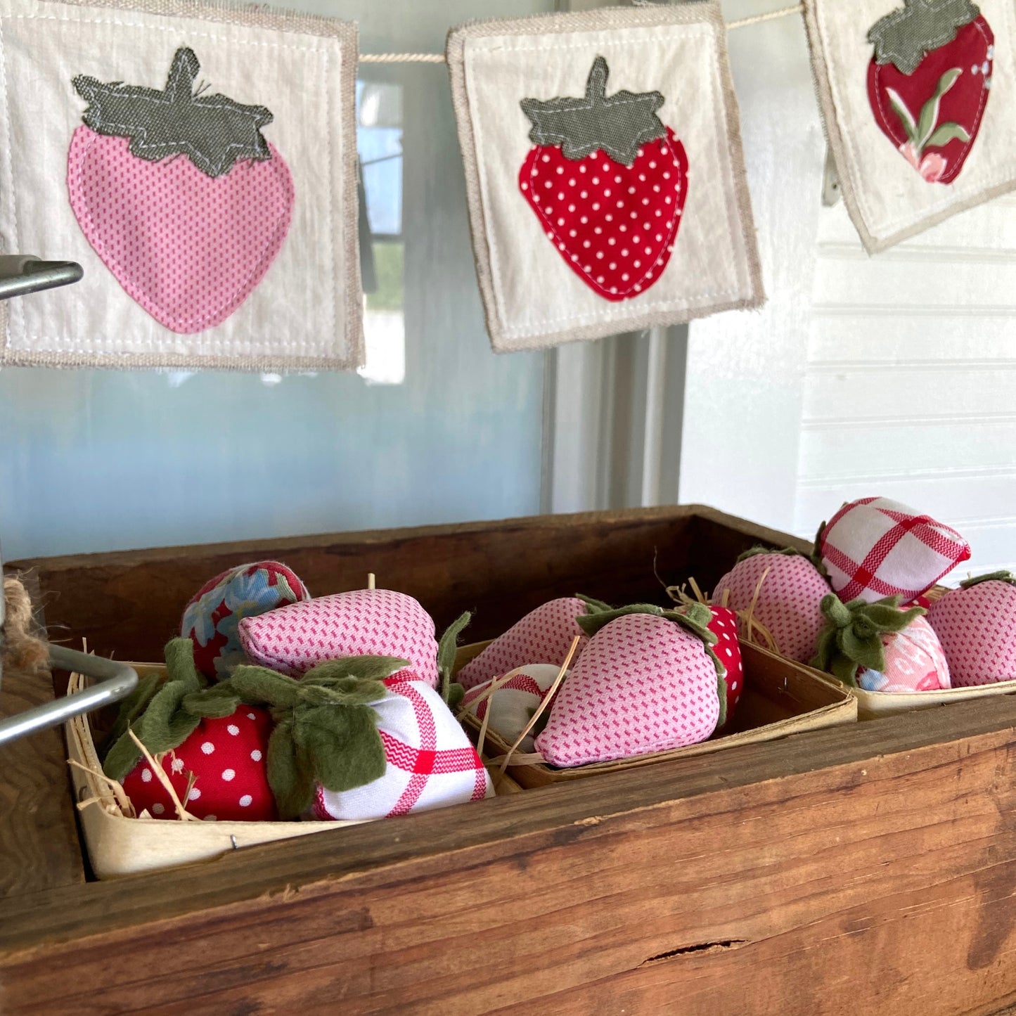 Canvas Strawberry Farmers Market Bunting Banner with Vintage Fabrics & Calico Prints