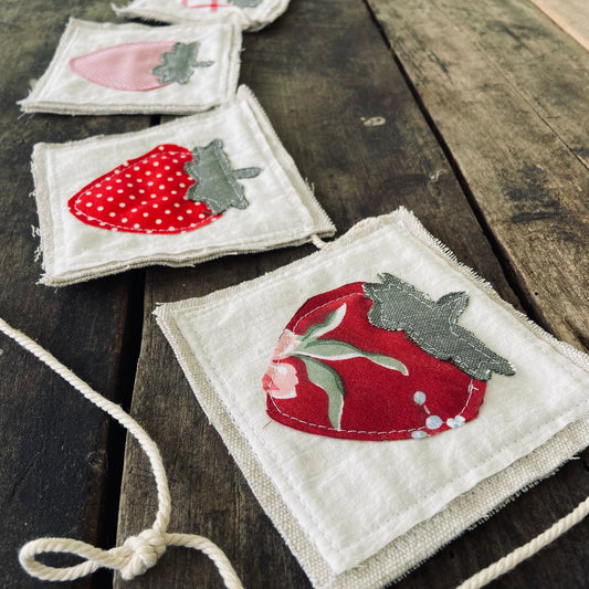 Canvas Strawberry Farmers Market Bunting Banner with Vintage Fabrics & Calico Prints